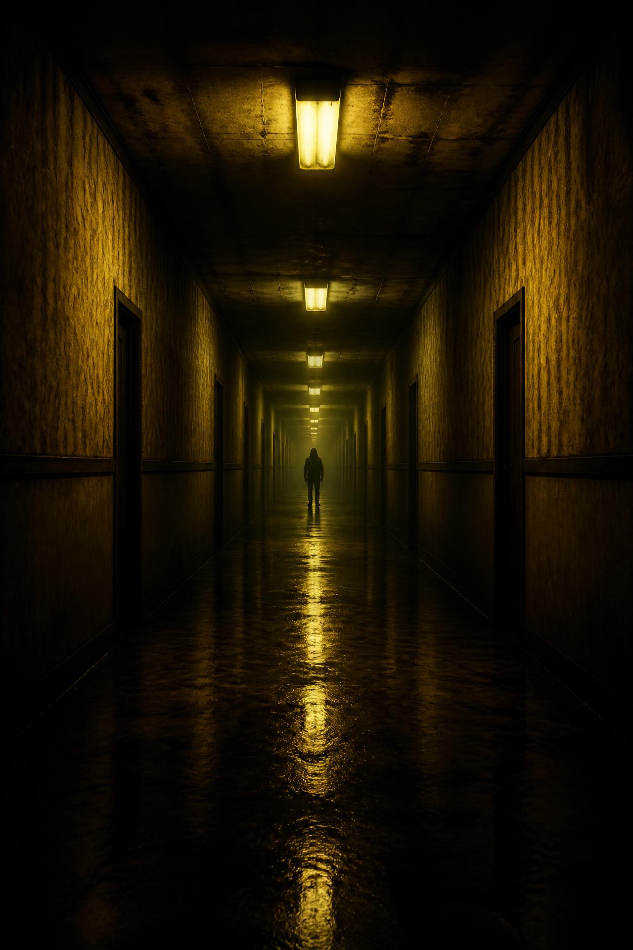 Corridoio infinito illuminato da luci fluorescenti gialle